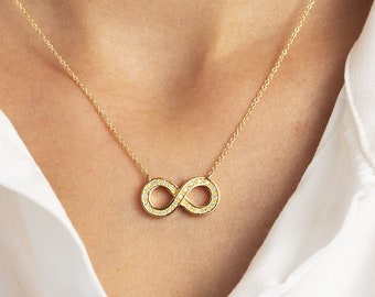 14K Solid Gold & VS Diamond Infinity Pendant, Yellow Gold White Diamonds Infinity Necklace, Diamond Infinity Symbol, Infinity Knot Necklace