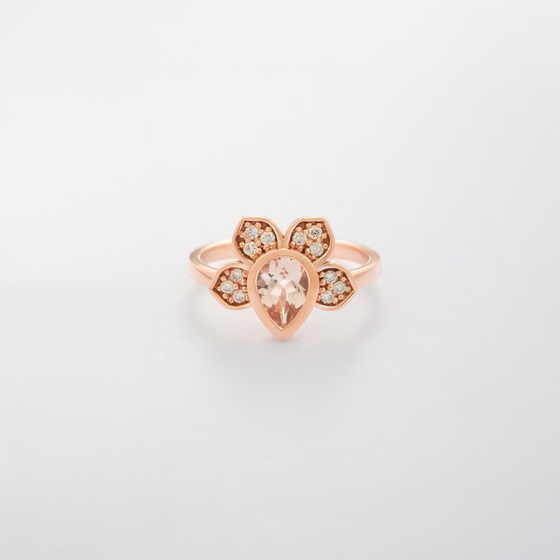 Flower Engagement Ring Lotus Flower Diamond Ring 14K Rose Gold Morganite & Diamonds Ring Solid Gold Light Pink Morganite Ring image 4