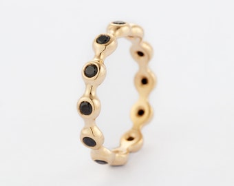 14K Solid Gold Black Diamond Wedding Band, Dotted Gold Diamond Ring, Stackable Gold Diamond Rings