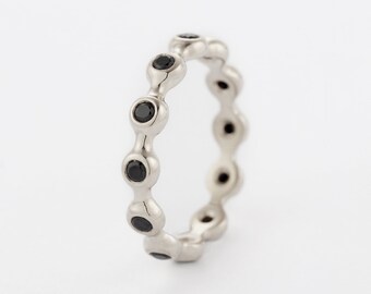 black diamond bezel stacking band, 14K Solid White gold and Diamond Dotted Ring