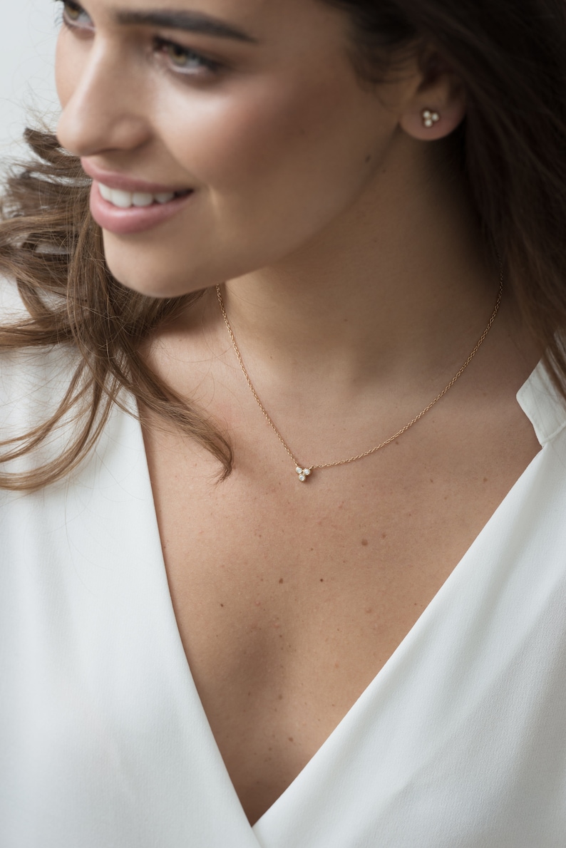 Dainty Layering Three Diamond Necklace, Solid 14k Gold Trio Diamond Pendant, 3 Stone Pendant on Delicate Gold Chain Necklace, Women Jewelry image 5