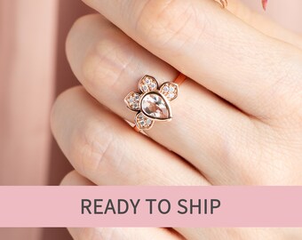 14K Rose Gold White Diamond Lotus Flower Ring, Gorgeous Morganite and VS Diamonds Ring, Lotus Flower Unique Engagement Ring, Ready To Ship