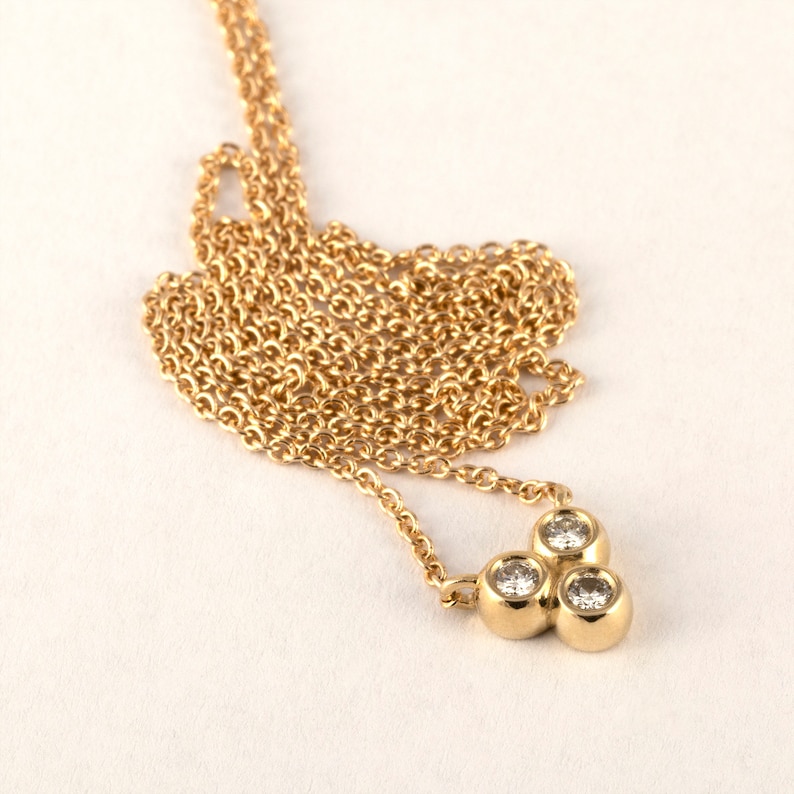 Dainty Layering Three Diamond Necklace, Solid 14k Gold Trio Diamond Pendant, 3 Stone Pendant on Delicate Gold Chain Necklace, Women Jewelry image 2