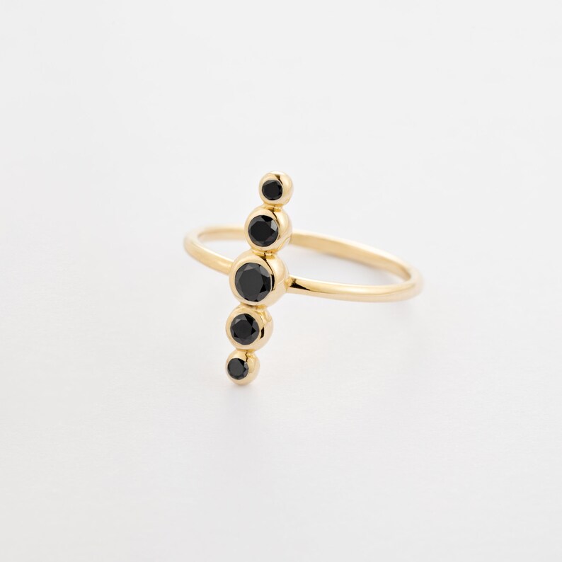 Celestial Diamond Pod Ring, 14K Solid Gold Black Diamond Vertical Ring, Five Stone Round Cut Bezel Setting Diamond Gold Ring image 1