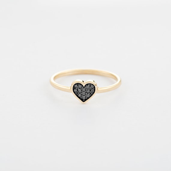 14K Solid Gold Black Diamond Heart Ring Delicate Pave Diamond | Etsy