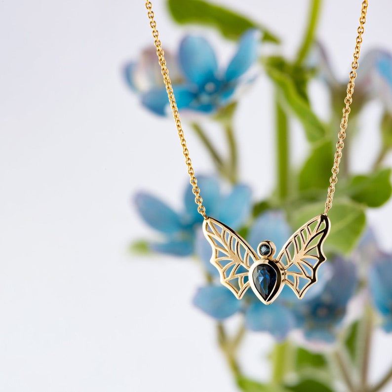 14K Gold Wings Pendant Necklace set with Genuine Teardrop Blue Sapphire Gold Necklace Butterfly Pendant image 2