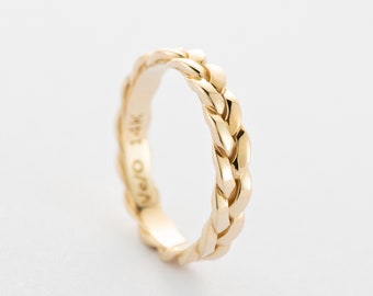 Solid 14K Yellow Gold Braid Stacking Ring, Unique Handmade Unisex Braided Gold Wedding Eternity Band, Gold Promise  Ring