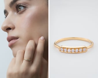Delicate diamond Bar Ring, Minimalist Diamond Ring, 14k Solid Gold Diamond Wedding Band for Women , Thin Ring with Diamonds, 7 Diamond Band