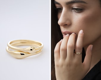 14k Gold Orb Rings, Solid Gold Bubble Rings, Dainty Curved rings, Two Minimal Stacking Ring
