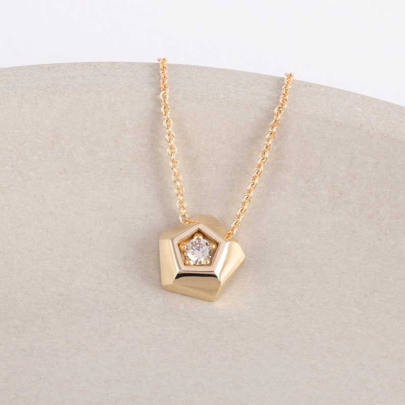 14k yellow gold pentagon solitaire necklace with 0.11 ct diamond