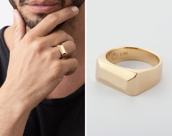 Men’s Solid 14K Gold Statement Signet Ring, Gold Ring For Men, Unique Chunky Gold Ring for Men, Unisex Signet Gold Ring, Gift For Him