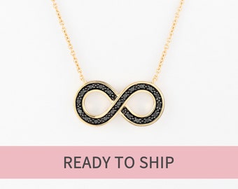 READY TO SHIP - Infinity 14K Yellow Gold Black Diamonds Necklace | Infinity Knot Pendant Necklace | Solid Gold Infinity Knot Pendant