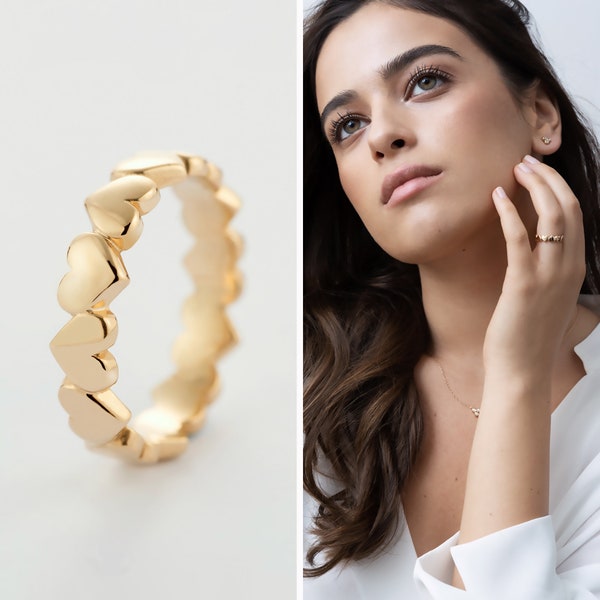 Eternity Wedding Gold Heart Band | Stacking Heart Ring | 14K Solid Gold Heart Band | Unique Gold Wedding Ring