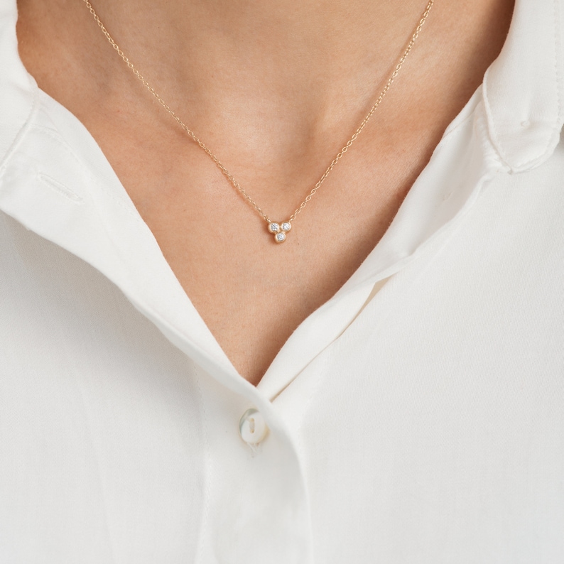 Dainty Layering Three Diamond Necklace, Solid 14k Gold Trio Diamond Pendant, 3 Stone Pendant on Delicate Gold Chain Necklace, Women Jewelry image 3