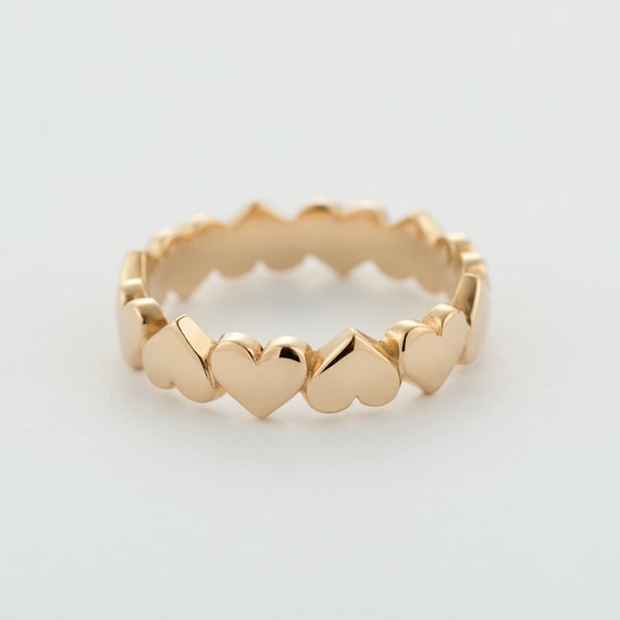 14K Solid Gold Heart Wedding Band Stacking Yellow Gold Heart Ring