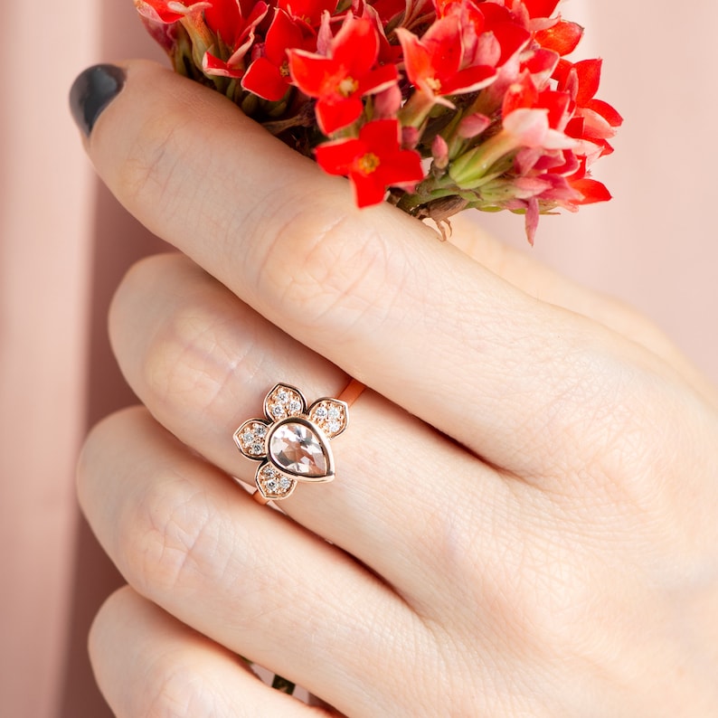 Flower Engagement Ring Lotus Flower Diamond Ring 14K Rose Gold Morganite & Diamonds Ring Solid Gold Light Pink Morganite Ring image 2