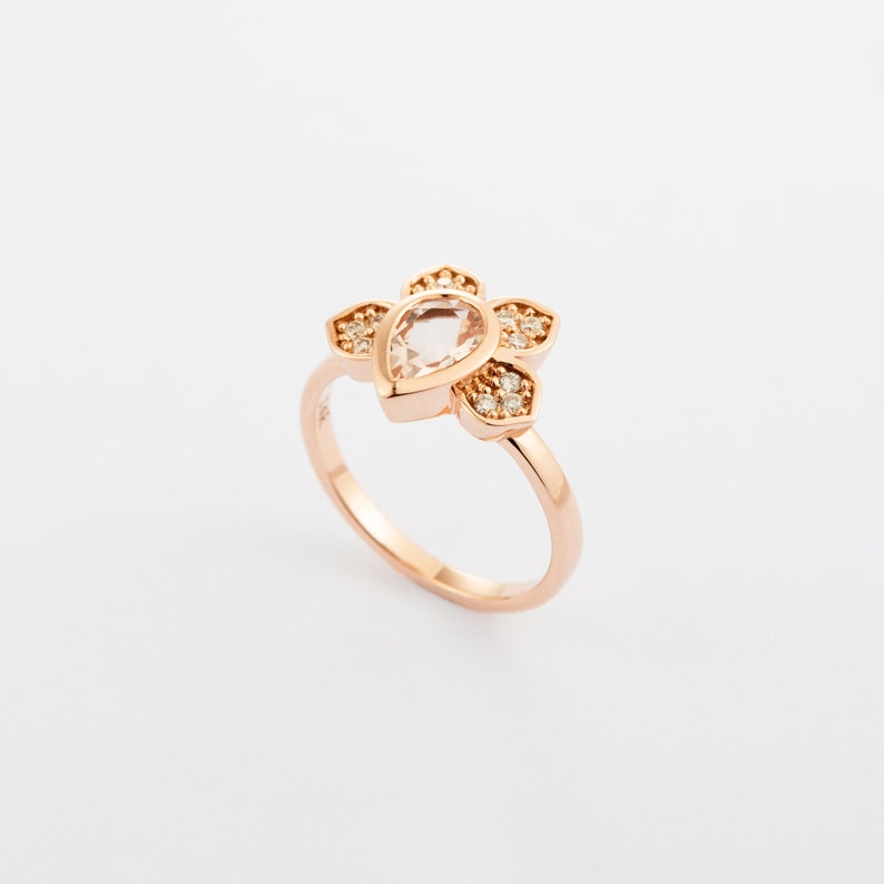 Flower Engagement Ring Lotus Flower Diamond Ring 14K Rose Gold Morganite & Diamonds Ring Solid Gold Light Pink Morganite Ring image 1