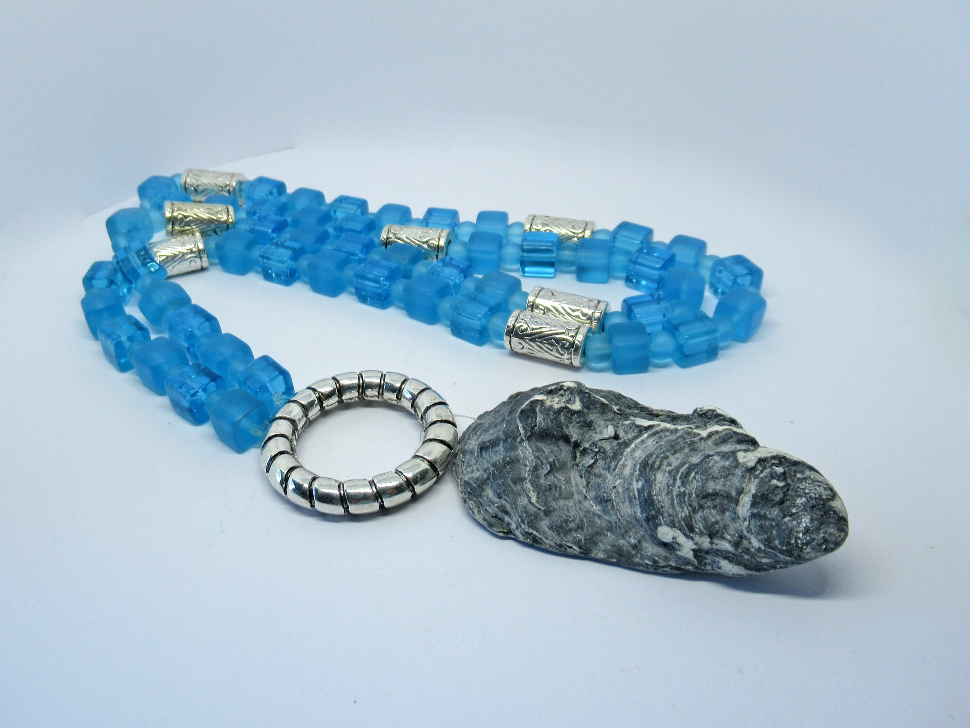 Very Long Glass Bead Necklace With Large Shell as a Pendant Etsy UK