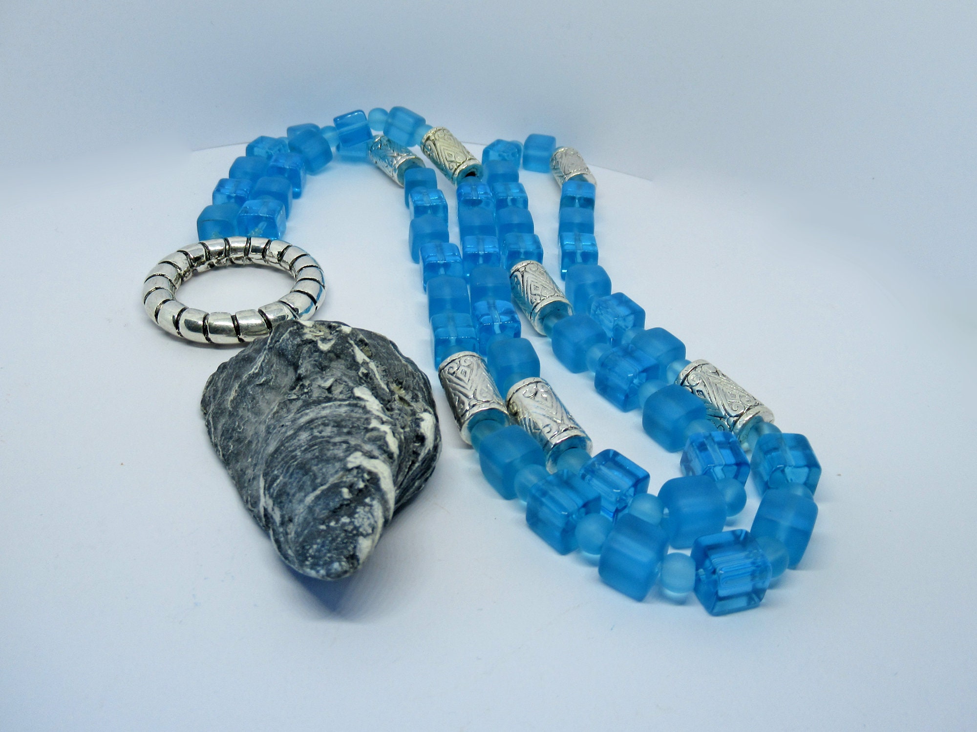 Very Long Glass Bead Necklace With Large Shell as a Pendant Etsy UK