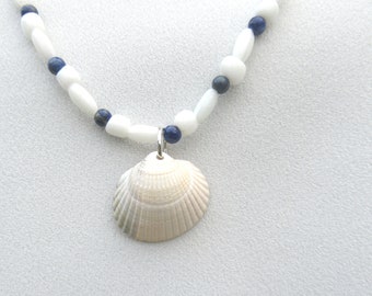 White shell necklace with blue mini beads