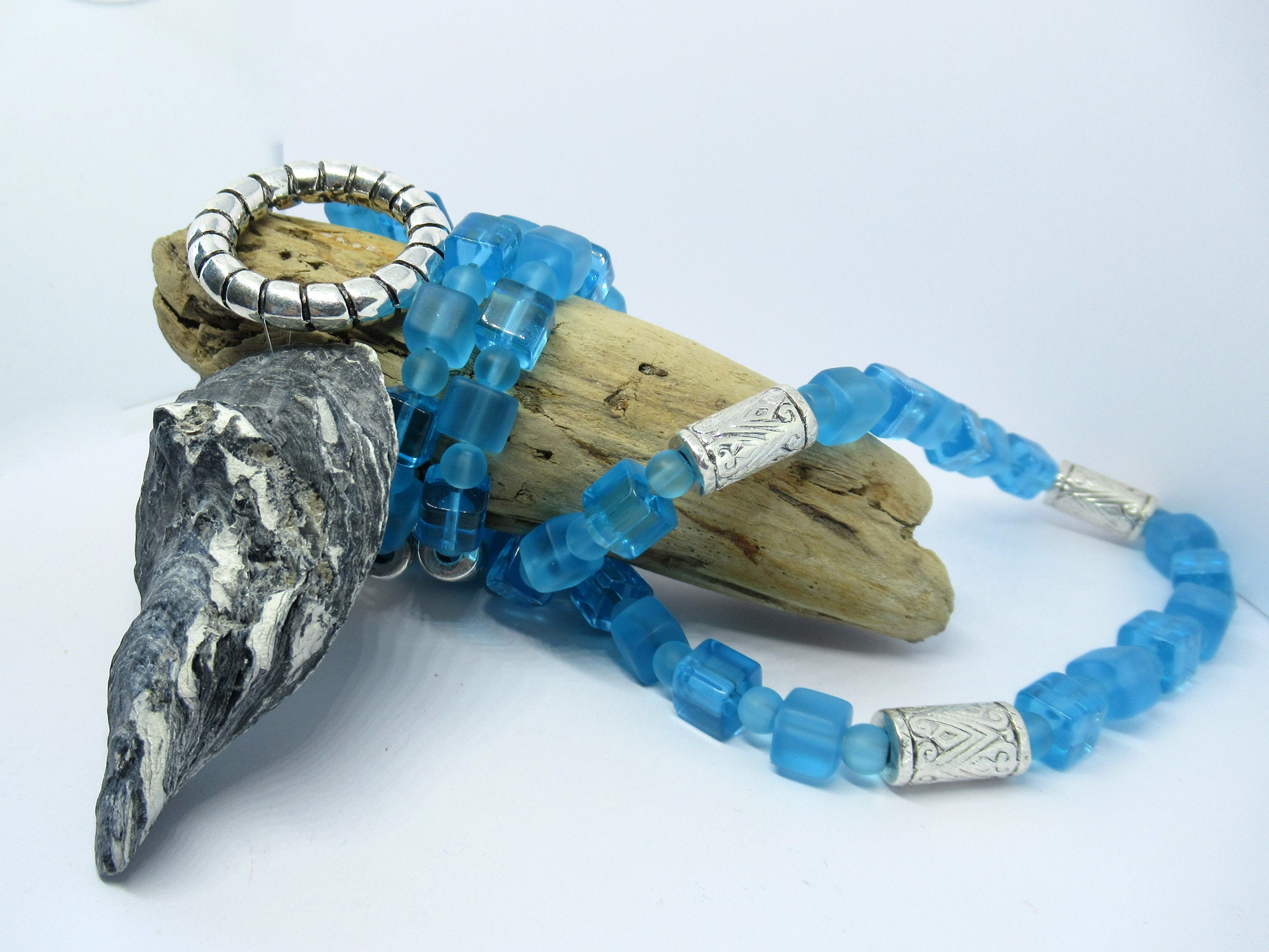 Very Long Glass Bead Necklace With Large Shell as a Pendant Etsy UK