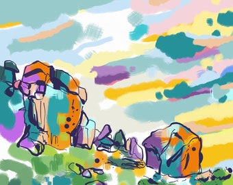 Beautiful hand drawn A3 ilkley Moor Cow and Calf print, signed by Artist Katy Shorttle