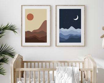 Sun & Moon - Poster | Print | Illustration | Cosiness | Travel | Waves | Sea | Children's room | Minimum | Illustrated | Mountains