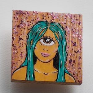 Original Cyclops Cutie on Pine Square - Pink Glitter, green hair, cute, mythology, gift