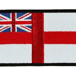 May include: An embroidered patch featuring the Union Jack flag in the top left corner and a red cross on a white background.