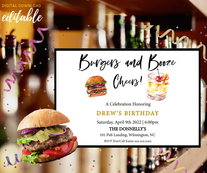 EDITABLE DIGITAL burgers and Booze Party Etsy