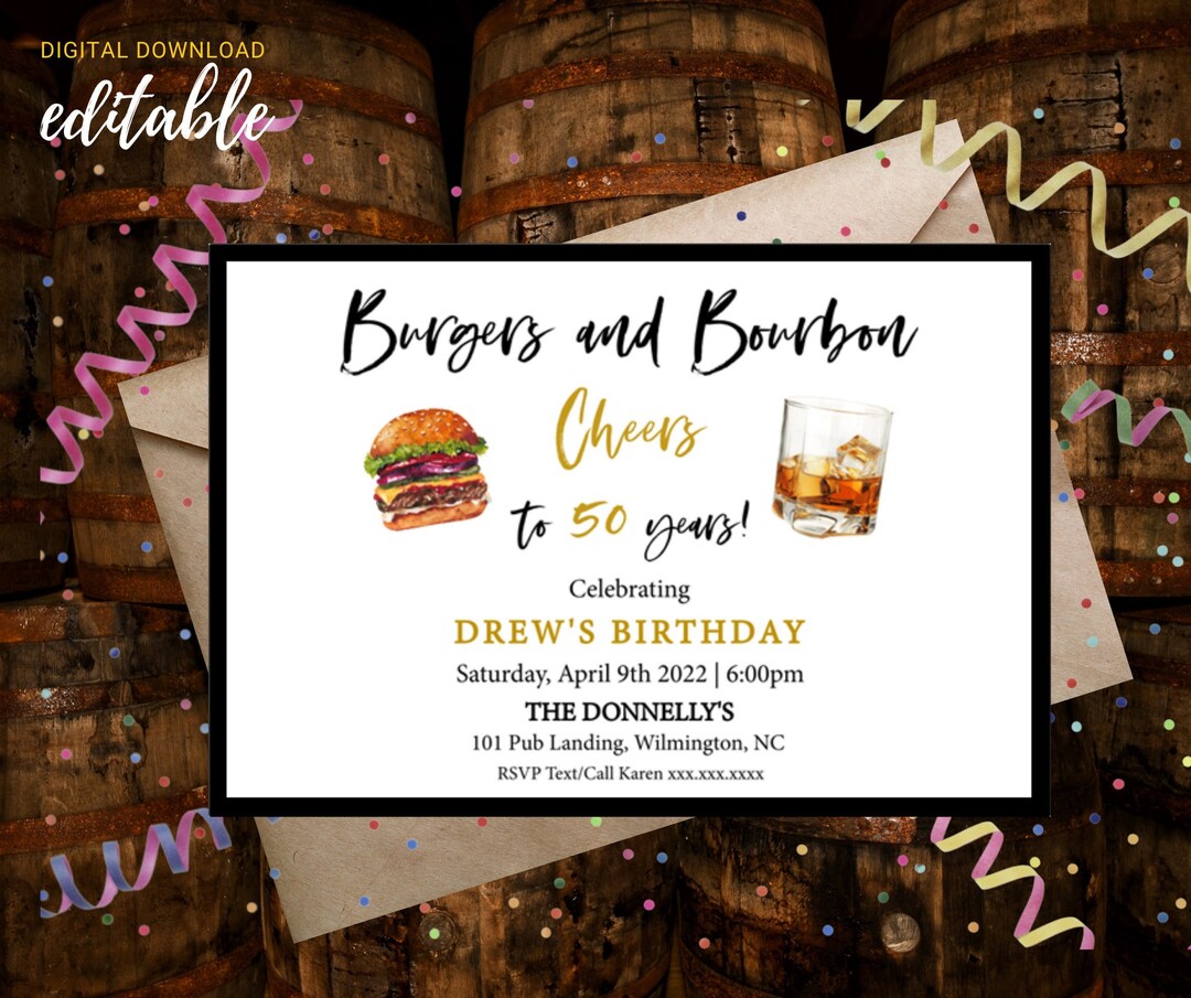 EDITABLE DIGITAL burgers and Bourbon Birthday Party Invitation Etsy