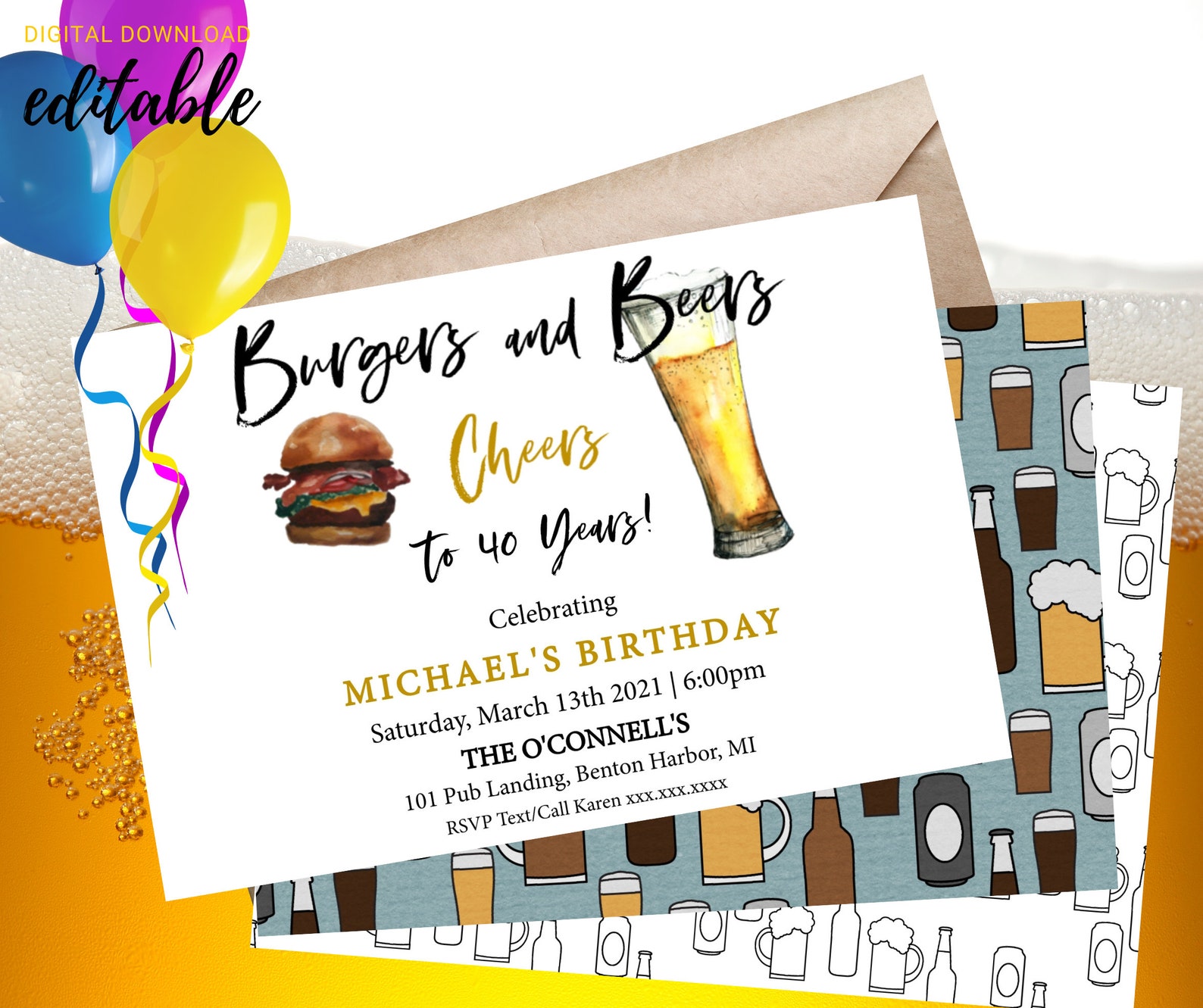 EDITABLE DIGITAL burgers and Beers Birthday Party Etsy