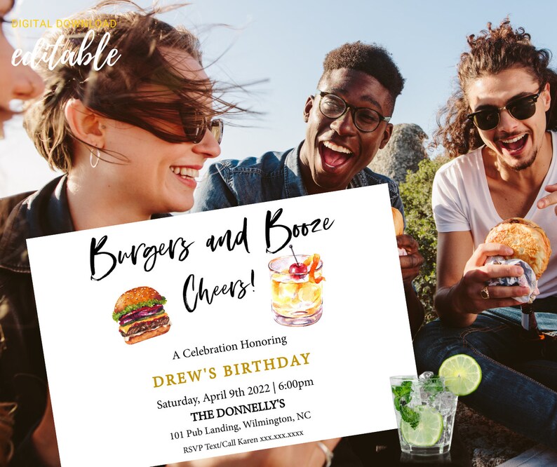 EDITABLE DIGITAL burgers and Booze Party Etsy