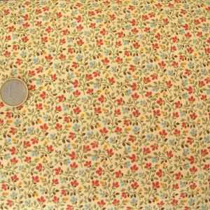 Può includere: Un tessuto beige con un motivo ripetitivo di piccoli fiori rossi, blu e gialli su steli verdi.