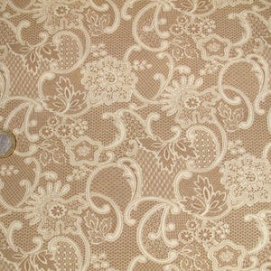 Könnte beinhalten: Nahaufnahme eines beigefarbenen Stoffes mit einem aufwendigen floralen Spitzendesign. Das Muster zeigt Ranken, Blumen und Blätter in Off-White. Der Stoff hat ein zartes, strukturiertes Aussehen, geeignet für verschiedene Bastelprojekte.