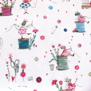May include: White fabric with a repeating pattern of sewing-themed illustrations. The design includes spools of thread, scissors, buttons, and whimsical figures dressed in pink and green, with red hearts and flowers.