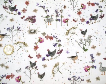 acufactum fabric, chickens, geese, flowers, spring, country house style, cotton, by the meter, 25 x 150 cm