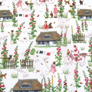 May include: White fabric with a repeating pattern of a rural scene. The design includes cottages, children, animals, bicycles, and hollyhocks in shades of pink, green, and brown. A coin is visible in the upper left corner.