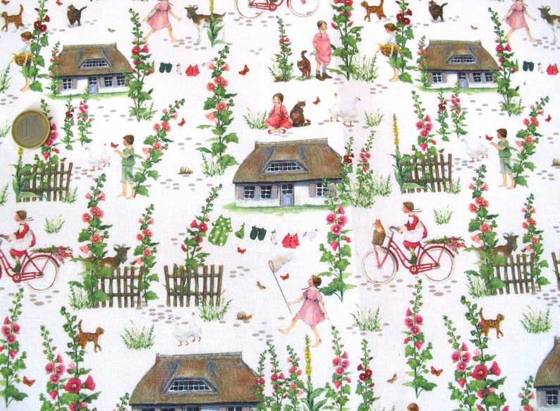 May include: White fabric with a repeating pattern of a rural scene. The design includes cottages, children, animals, bicycles, and hollyhocks in shades of pink, green, and brown. A coin is visible in the upper left corner.