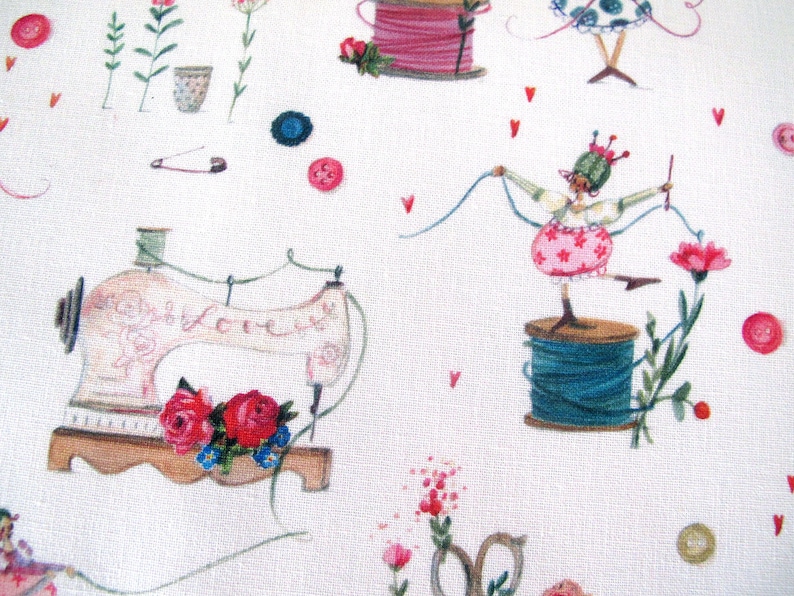 May include: A white fabric with a repeating pattern of sewing-themed illustrations. The design includes a vintage sewing machine with the word "Love", spools of thread, buttons, flowers, and a whimsical figure. Red hearts and pink roses add color.