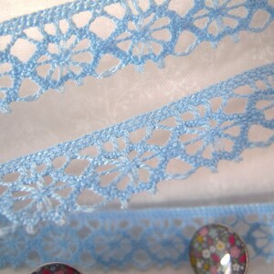 Puede incluir: Borde de encaje de crochet azul claro con un delicado patr&oacute;n floral. El encaje se muestra doblado por la mitad, con los bordes del encaje visibles.