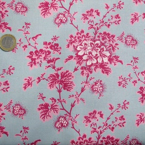 Könnte beinhalten: Ein hellblauer Stoff mit einem rosafarbenen Blumenmuster. Der Stoff zeigt ein sich wiederholendes Muster aus kleinen rosafarbenen Blüten und Blättern.