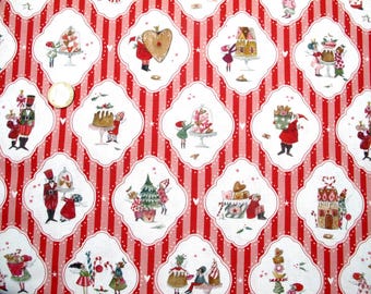 Puede incluir: Tela con un patrón repetitivo de formas de cuatrifolio blancas sobre un fondo de rayas rojas y blancas. Cada forma contiene ilustraciones estilo acuarela de figuras navideñas, casas de jengibre y dulces. Se ve una moneda de 1 euro.
