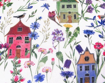 Fabric acufactum houses flowers