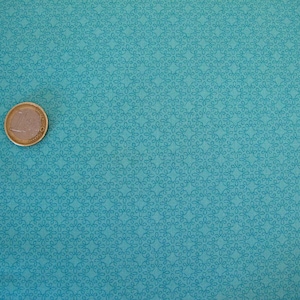 May include: A turquoise fabric with a repeating pattern of small, dark blue, interconnected circles.