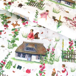 May include: White fabric with a whimsical print featuring a rural scene. The design includes a thatched-roof cottage, children, animals, flowers, and a red bicycle. The fabric is decorated with pink and red flowers.