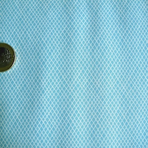 Op de afbeelding: Een close-up van een lichtblauwe stof met een wit ruitpatroon. Een euro munt is op de stof gelegd voor schaal.