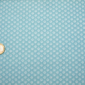 Op de afbeelding: Een lichtblauwe stof met een wit bloemenpatroon. De stof is bedekt met kleine witte bloemen.