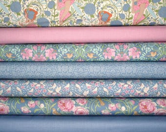 Tilda fabric bundle, cotton fabrics, floral and polka dot designs, Art Nouveau style, 7 fabrics, each 25 x 55 cm