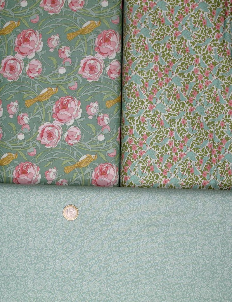 Paquete de telas Tilda, algodón, rosas, flores, pájaro cantor, verde, rosa, 7 telas, cada una de 25 x 55 cm imagen 2